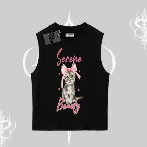 Serene Beauty Kedi Baskılı  Kolsuz Tshirt