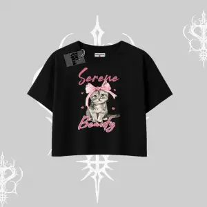 Serene Beauty Kedi Baskılı  Oversize Crop Tshirt