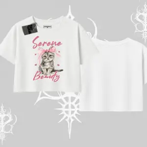 Serene Beauty Kedi Baskılı  Oversize Crop Tshirt