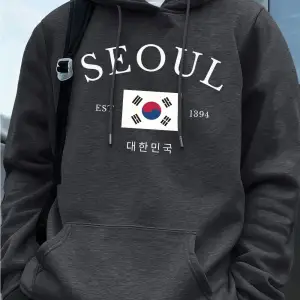 Seul Est 1394 Bayrak Harfli Baskılı Kapüşonlu Erkek Eşofman Cepli Kazak Sportif Bol Sweatshir