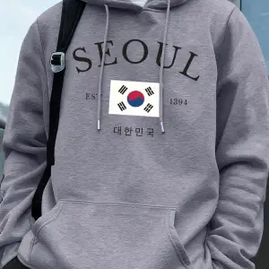 Seul Est 1394 Bayrak Harfli Baskılı Kapüşonlu Erkek Eşofman Cepli Kazak Sportif Bol Sweatshir