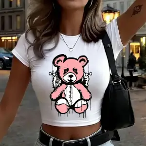 Sevimli Ayı Dinlenmeye Hazır Baskılar Kadın Kırpma Tişörtleri Yaz İnce O-Yaka Üstler Yumuşak