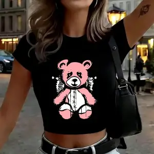 Sevimli Ayı Dinlenmeye Hazır Baskılar Kadın Kırpma Tişörtleri Yaz İnce O-Yaka Üstler Yumuşak