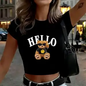 Sevimli Ayı Seni Merhaba Dedi Baskılı Kadın Babby TeeTişörtleri Yazlık İnce O-Yaka Üstler Yumuşak