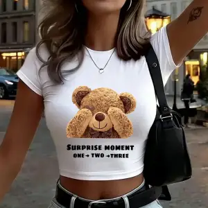 Sevimli Ayı Sürpriz Anı Baskılar Kadın Kırpma T-Shirt Yaz Yüksek Elastik Yumuşak Üstler İnce