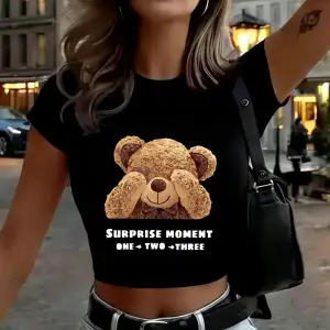 Sevimli Ayı Sürpriz Anı Baskılar Kadın Kırpma T-Shirt Yaz Yüksek Elastik Yumuşak Üstler İnce