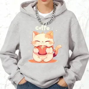Sevimli Bir Kedi Kahve İçiyor Baskılar Kapüşonlular Pamuk Kadın Koşu Cep Üstleri Sportif Gevş
