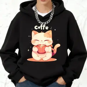 Sevimli Bir Kedi Kahve İçiyor Baskılar Kapüşonlular Pamuk Kadın Koşu Cep Üstleri Sportif Gevş
