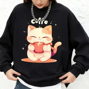 Sevimli Bir Kedi Kahve İçiyor Baskılar Tişörtü Bayan Sonbahar Jogger Sıcak Kapüşonlular O-Boy