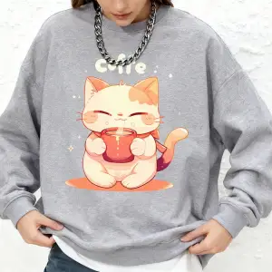 Sevimli Bir Kedi Kahve İçiyor Baskılar Tişörtü Bayan Sonbahar Jogger Sıcak Kapüşonlular O-Boy