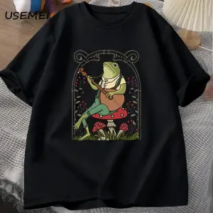Sevimli Cottagecore kurbağa oynayan Banjo T Shirt erkek kadın pamuk komik mantar core core T 2844