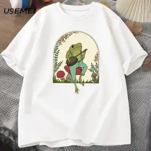 Sevimli Cottagecore T-shirt Estetik Kurbağa Mantar üzerinde Banjo Oynarken TErkekler 2827