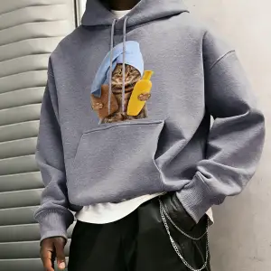 Sevimli Duş Başlığı Kedi Baskılı Erkekler Kapüşonlular Tüm Maç Gevşek Kazak Polar Günlük Spor