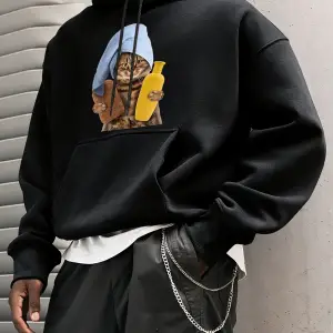 Sevimli Duş Başlığı Kedi Baskılı Erkekler Kapüşonlular Tüm Maç Gevşek Kazak Polar Günlük Spor