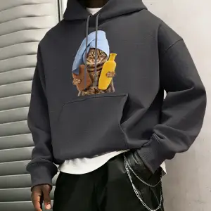 Sevimli Duş Başlığı Kedi Baskılı Erkekler Kapüşonlular Tüm Maç Gevşek Kazak Polar Günlük Spor