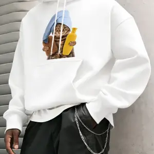 Sevimli Duş Başlığı Kedi Baskılı Erkekler Kapüşonlular Tüm Maç Gevşek Kazak Polar Günlük Spor