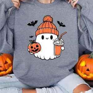 Sevimli Hayalet Yarasa Kabak Baskılar Cadılar Bayramı Kazak Kadın Kış Polar Sıcak Hoodie Crew