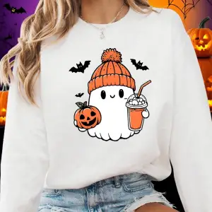 Sevimli Hayalet Yarasa Kabak Baskılar Cadılar Bayramı Kazak Kadın Kış Polar Sıcak Hoodie Crew