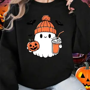 Sevimli Hayalet Yarasa Kabak Baskılar Cadılar Bayramı Kazak Kadın Kış Polar Sıcak Hoodie Crew