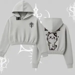 Sevimli Kedi Çizimli Arka Baskılı Kapşonlu Crop Sweatshirt
