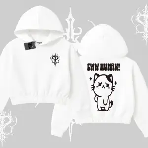 Sevimli Kedi Çizimli Arka Baskılı Kapşonlu Crop Sweatshirt