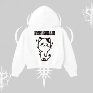 Sevimli Kedi Çizimli Arka Baskılı Kapşonlu Crop Sweatshirt
