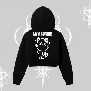 Sevimli Kedi Çizimli Arka Baskılı Kapşonlu Crop Sweatshirt