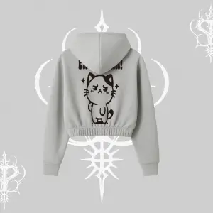 Sevimli Kedi Çizimli Arka Baskılı Kapşonlu Crop Sweatshirt