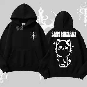 Sevimli Kedi Çizimli Arka Baskılı Kapşonlu Sweatshirt