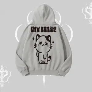 Sevimli Kedi Çizimli Arka Baskılı Kapşonlu Sweatshirt