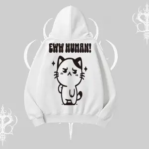 Sevimli Kedi Çizimli Arka Baskılı Kapşonlu Sweatshirt