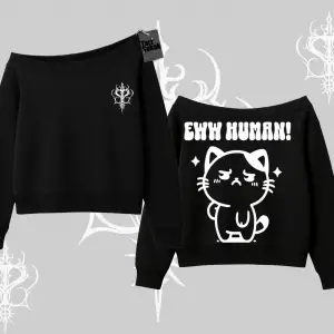Sevimli Kedi Çizimli Arka Baskılı Kayık Yaka Sweatshirt