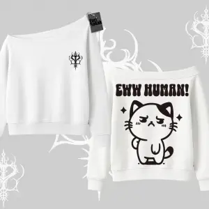 Sevimli Kedi Çizimli Arka Baskılı Kayık Yaka Sweatshirt