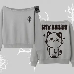 Sevimli Kedi Çizimli Arka Baskılı Kayık Yaka Sweatshirt