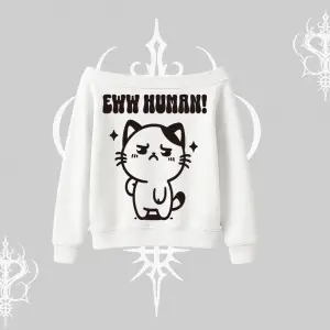 Sevimli Kedi Çizimli Arka Baskılı Kayık Yaka Sweatshirt