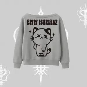 Sevimli Kedi Çizimli Arka Baskılı Kayık Yaka Sweatshirt