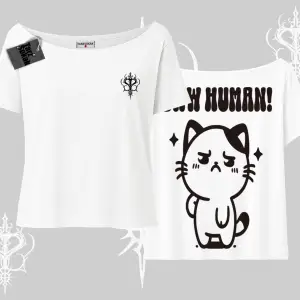 Sevimli Kedi Çizimli Arka Baskılı Kayık Yaka Tshirt