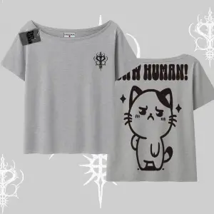 Sevimli Kedi Çizimli Arka Baskılı Kayık Yaka Tshirt