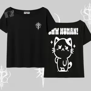 Sevimli Kedi Çizimli Arka Baskılı Kayık Yaka Tshirt