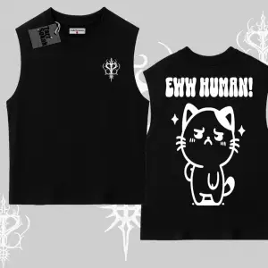 Sevimli Kedi Çizimli Arka Baskılı Kolsuz Tshirt