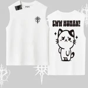 Sevimli Kedi Çizimli Arka Baskılı Kolsuz Tshirt