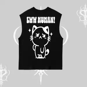 Sevimli Kedi Çizimli Arka Baskılı Kolsuz Tshirt