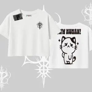 Sevimli Kedi Çizimli Arka Baskılı Oversize Crop Tshirt