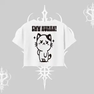 Sevimli Kedi Çizimli Arka Baskılı Oversize Crop Tshirt