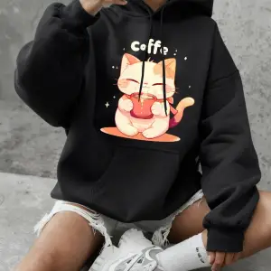 Sevimli Kedi Kahve İçiyor Baskı Kapüşonlular Bayanlar Günlük Gevşek Tişörtü Kış Polar Sıcak Ü