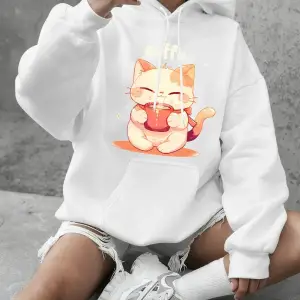 Sevimli Kedi Kahve İçiyor Baskı Kapüşonlular Bayanlar Günlük Gevşek Tişörtü Kış Polar Sıcak Ü