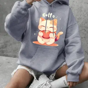 Sevimli Kedi Kahve İçiyor Baskı Kapüşonlular Bayanlar Günlük Gevşek Tişörtü Kış Polar Sıcak Ü