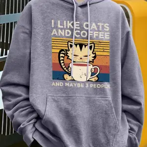 Sevimli Kedi Kahve İçiyor Desen Erkekler Y2K Hoody Hip Hop Polar Moda Hoodie Büyük Boy Sokak