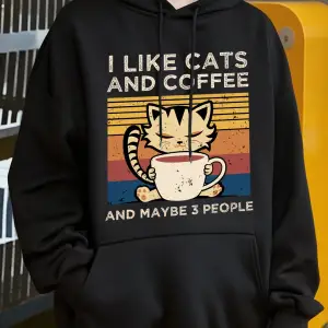 Sevimli Kedi Kahve İçiyor Desen Erkekler Y2K Hoody Hip Hop Polar Moda Hoodie Büyük Boy Sokak