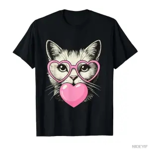 Sevimli Kedi Pembe Sevgililer Günü Kalp Sakız Üfleyen Tişört Erkekler Kadınlar Için % 100% Pa
